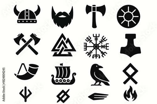 Viking symbols: norse helmet, axe, valknut, vegvisir, thor's hammer