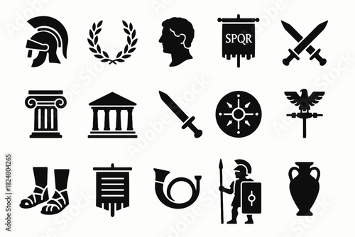 Collection of roman empire symbols and icons in black silhouettes