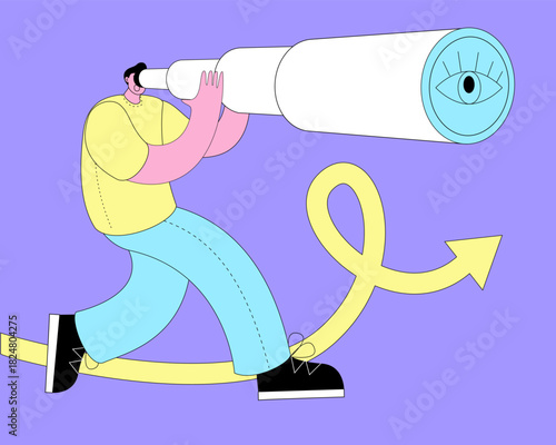 Man in T-shirt looks through telescope. Vector illustration on the topic of online search or strategic planning. Horizontal banner.