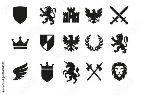 Collection of medieval heraldic symbols featuring shields, lions, and crowns