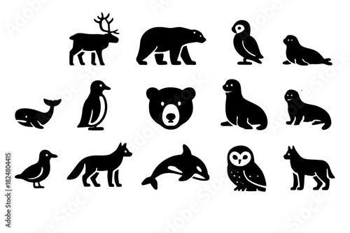 Silhouettes of arctic and wildlife animals: bear, penguin, dolphin, owl, seal, deer