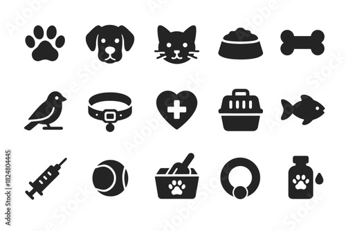 Pet care icons: dog, cat, fish, paw, collar, bird, bowl, bone, heart