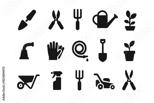Gardening tools icon set: trowel, shears, fork, watering can, plant pot