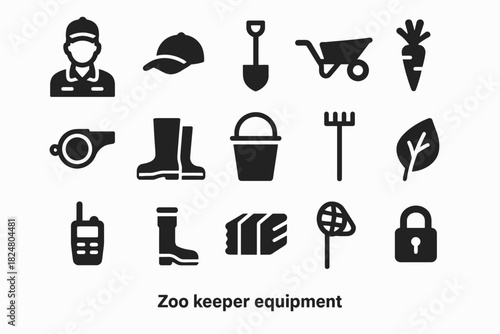 Essential zoo keeper tools: icons of equipment and gear needed for animal care