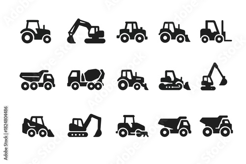 Set of construction and agricultural vehicle icons in black silhouette