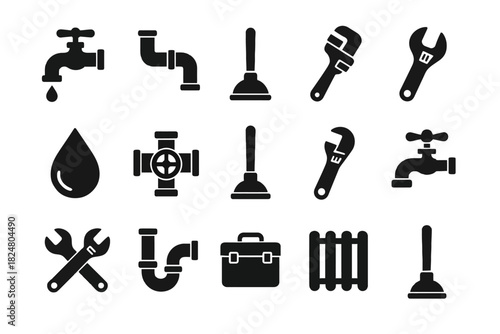 Plumbing tools and icons including faucet, pipe, wrench, and plunger