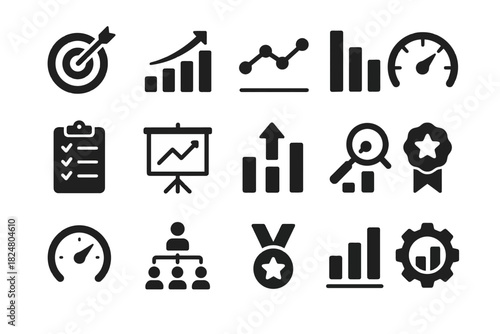 Set of business and analytics icons: graphs, charts, metrics, awards, organization