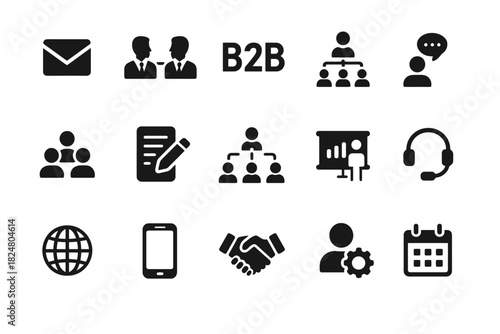 Business and communication icons including b2b, meeting, and technology symbols