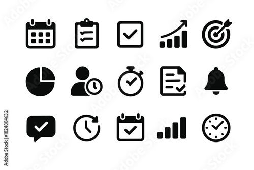 Black and white business icons including calendar, checklist, graphs, and stopwatch