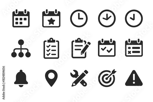 Calendar and task management icon set featuring tools and symbols for organization