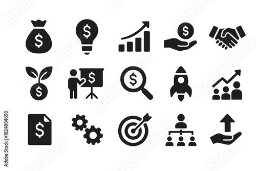 Financial and business icon set featuring money, growth, investment, and strategy symbols