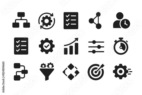 Set of business and productivity icons including charts and settings gear