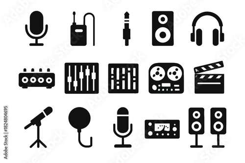 Collection of audio equipment icons: microphones, headphones, speakers, mixers, cables