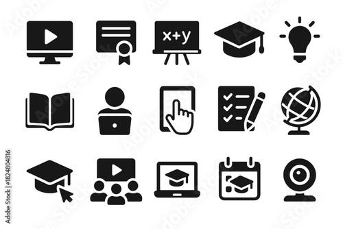 Online education icons set: graduation, learning, study tools, and global learning symbols