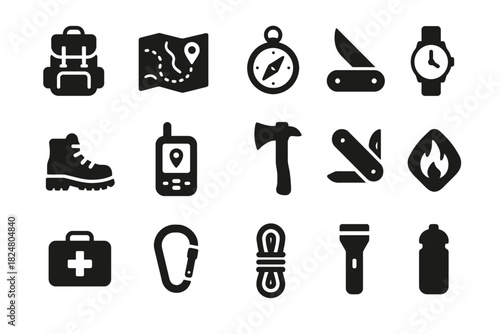Camping and hiking essentials: backpack, map, compass, tools, and safety gear icons