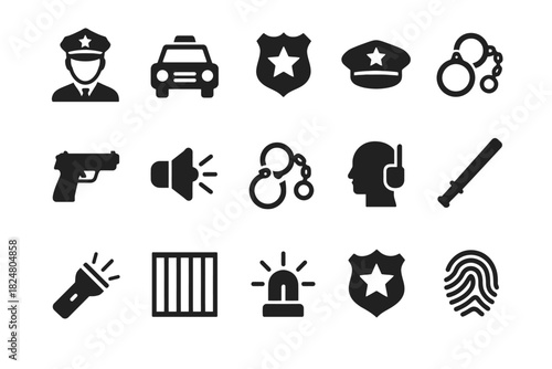 Police icon set: officer, vehicle, badge, handcuffs, gun, siren, prison bars