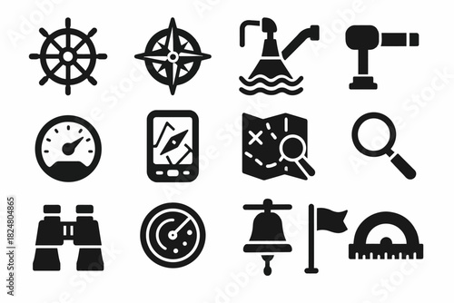 Nautical icons collection: compass, bell, binoculars, map, anchor, telescope, gauge