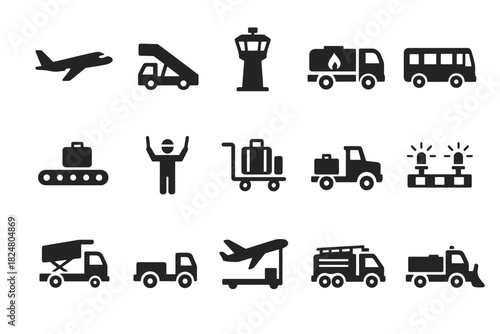 Airport icons set: airplane, luggage, control tower, vehicles, conveyor