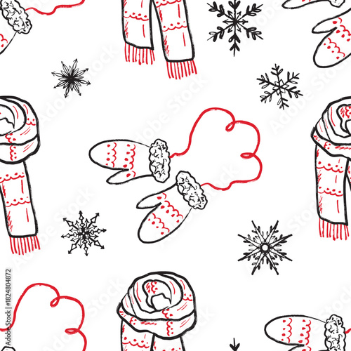 Hand drawn seamless pattern design with winter clothes and snowflakes. Vector sketch illustration in vintage crayon charcoal style. Warm mittens and scarf, winter clothes