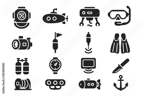 Set of underwater diving and marine symbols featuring equipment icons