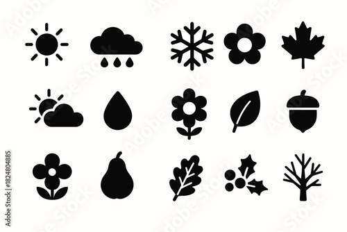 Set of black seasonal icons: nature symbols for weather and plants