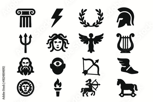 Collection of ancient greek symbols and iconic mythological figures