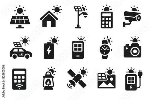 Solar energy icons: panels, cars, devices, and more for sustainable living