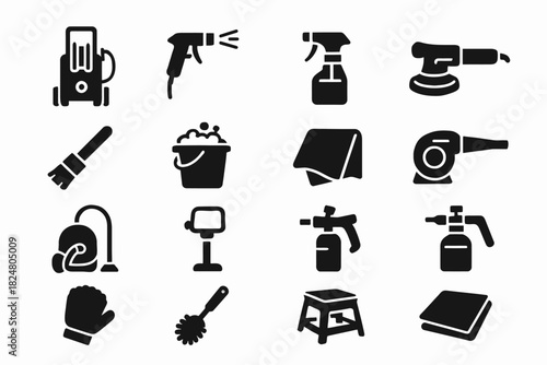 Essential car cleaning tools icons set: vacuum, sprayer, polisher, brush, cloth