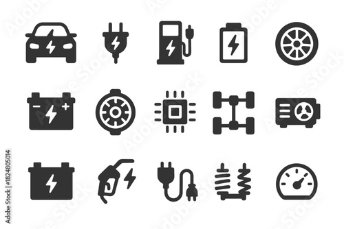 Electric vehicle concepts: battery, charger, and component icons