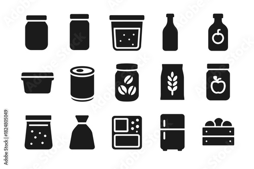 Set of black food container icons: jars, cans, bottles, and boxes