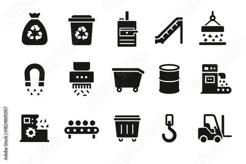 Industrial recycling icons: machines, containers, magnets, conveyors, forklift
