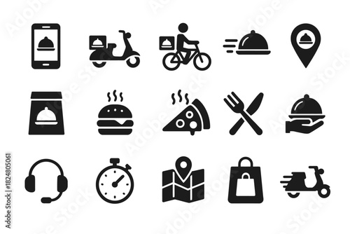 Food delivery icons: mobile, scooter, bicycle, location, map, meal