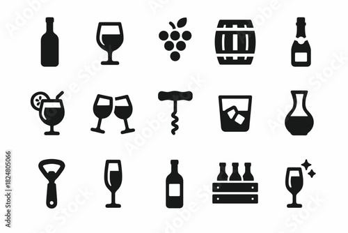 Silhouette icons of wine bottles, corkscrew, glasses, and grapes