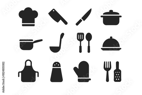 Kitchen tool icons: knife, pot, apron, mitt, utensils, chef hat, grater
