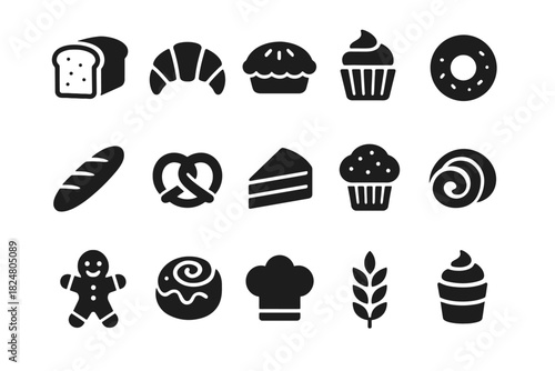 Assorted bakery icons: bread, pastries, and sweets in black silhouettes