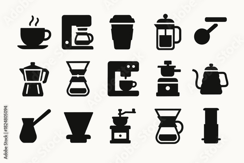 Coffee maker icons collection: cups, brewing tools, and grinders