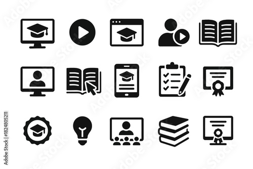 Set of education and online learning icons for digital platforms
