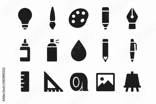 Set of art and design icons: brushes, palette, pen, pencil, ruler, easel