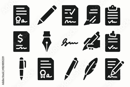 Assorted writing and document icons: pens, papers, and signatures in black silhouettes