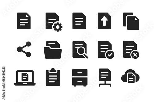 Document and file management icons set: sharing, organizing, cloud storage