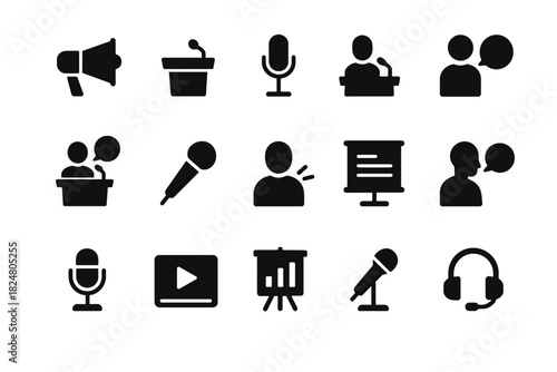 Set of communication icons: microphone, speaker, presentation, headset