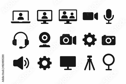 Video and audio equipment icons set: computer, webcam, headphones, camera, microphone