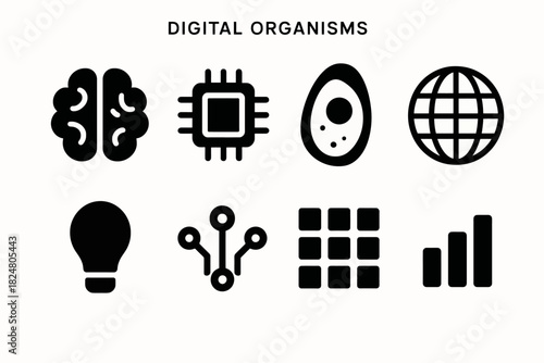 Icons representing digital brain, network, and organism concepts