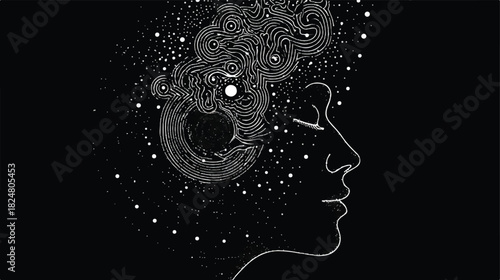 Abstract Mindscape with Cosmic Thoughts and Spiritual Connection in Black and White
