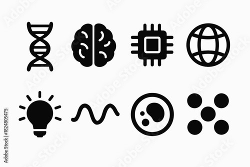 Set of science and technology icons: dna, brain, chip, globe, lightbulb, wave, cell, molecules