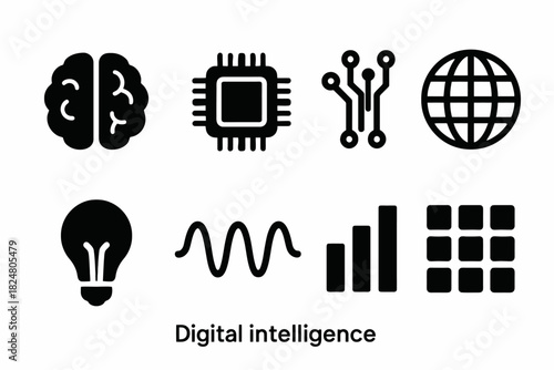 Digital intelligence icons: brain, microchip, circuit, globe, lightbulb, wave, graph, grid