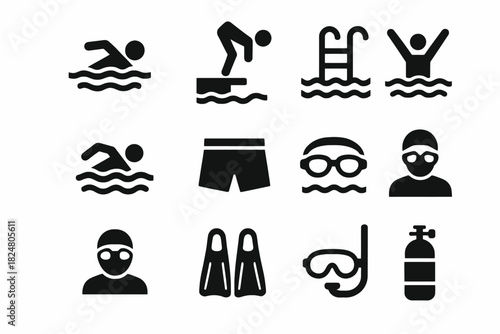 Swimming icons: strokes, gear, and activities in black and white