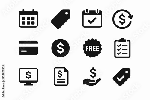 Financial icon set: calendar, price tag, credit card, dollar sign, checklist, free