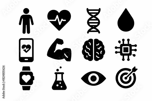 Collection of health and fitness icons including dna, heartbeat, and technology symbols