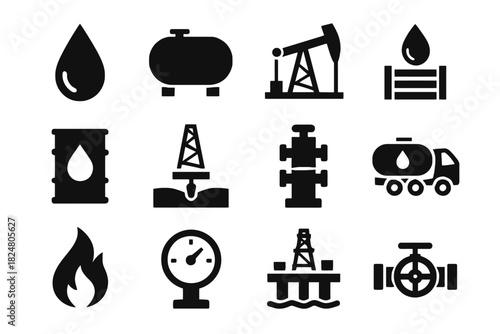 Oil and gas industry icons set featuring drilling and transportation elements